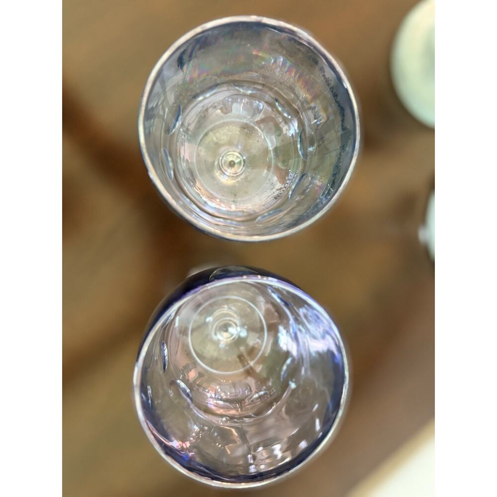 Set 2 Vintage Bartlett Collins Iridescent Light Blue Thumbprint Goblets Glasses - Picture 7 of 8